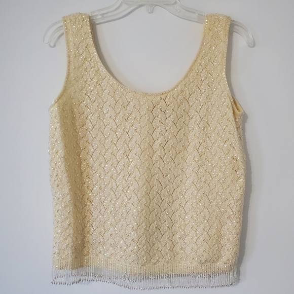 VINTAGE Penneys Womens 14 Sleeveless Zip Back Beaded Cream Wool Top FLAWED - Picture 1 of 16